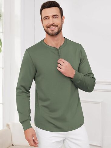 Men T-Shirts Henley Long Sleeve Outdoor Sweatshirts Holiday Casual Shirt Stretchy Button Design Shirts in Saudi Arabia