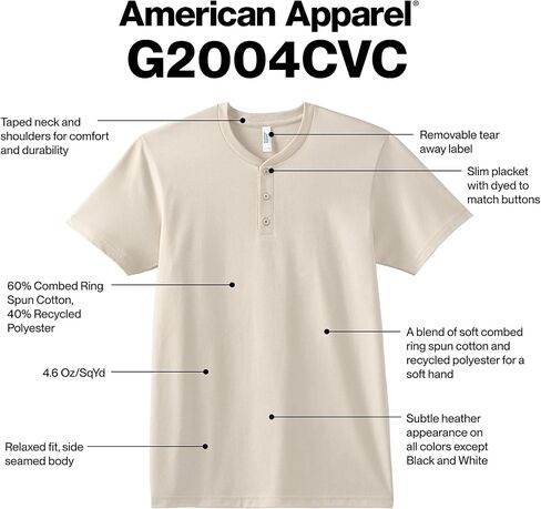 تي شيرت CVC Henley للجنسين من American Apparel، طراز G2004CVC، عبوة من قطعتين in Kuwait
