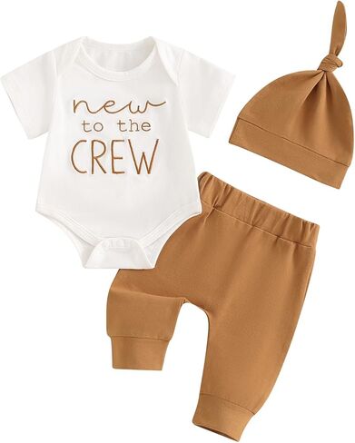Newborn Baby Boy Girl Clothes New To The Crew Printed Romper Pants Set with Hat Coming Home Hospital Outfits in Saudi Arabia