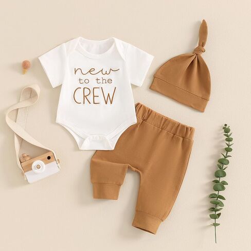 Newborn Baby Boy Girl Clothes New To The Crew Printed Romper Pants Set with Hat Coming Home Hospital Outfits in Saudi Arabia