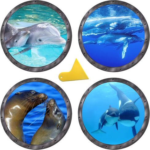 4 PCS Ocean World Wall Window Stickers, 11 Inches Porthole 3D Sea Turtle, Shark, Dolphin Window Sticker Wall Window Decor in Saudi Arabia