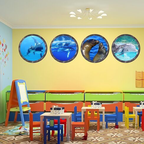 4 PCS Ocean World Wall Window Stickers, 11 Inches Porthole 3D Sea Turtle, Shark, Dolphin Window Sticker Wall Window Decor in Saudi Arabia