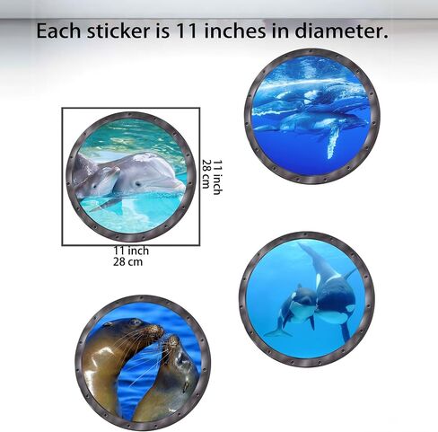 4 PCS Ocean World Wall Window Stickers, 11 Inches Porthole 3D Sea Turtle, Shark, Dolphin Window Sticker Wall Window Decor in Saudi Arabia