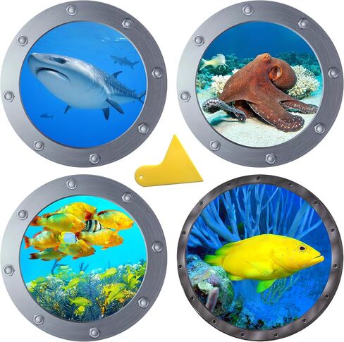 4 PCS Ocean World Wall Window Stickers, 11 Inches Porthole 3D Sea Turtle, Shark, Dolphin Window Sticker Wall Window Decor in Saudi Arabia