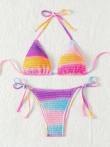 SHENHE Women's Color Block Swimsuits 2 Piece Triangle Halter Smocked Tie Side Bikini Set in Saudi Arabia
