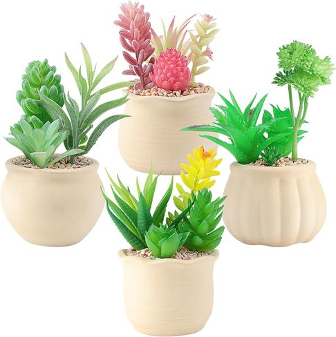 4 قطع من النباتات العصارية الاصطناعية الفنية في أواني السيراميك، نظام بيئي للنباتات العصارية المزيفة بوعاء ملون، نباتات صغيرة لطيفة للمكتب الصناعي للحمام وغرفة النوم والمكتب وديكور مكان صغير in Kuwait