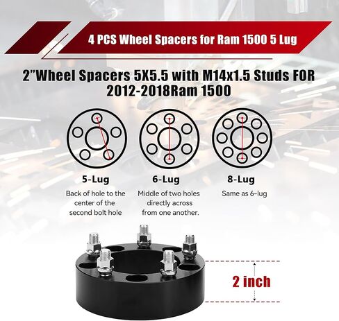 فواصل عجلات 5X5.5 مطورة لـ Ram 1500، فاصل عجلة مزورة 2 بوصة 5x139.7 مم لـ 2019-2023 Classic Ram 1500 مع مسامير مطورة 14x1.5 وتجويف مركزي 108 مم in Kuwait