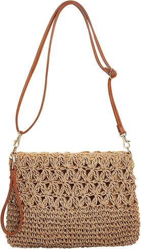 Comeon المرأة القش محفظة الصيف المنسوجة يدويا قابل للتعديل حقائب كروسبودي الرجعية سستة عطلة عطلة حقيبة القش in Kuwait