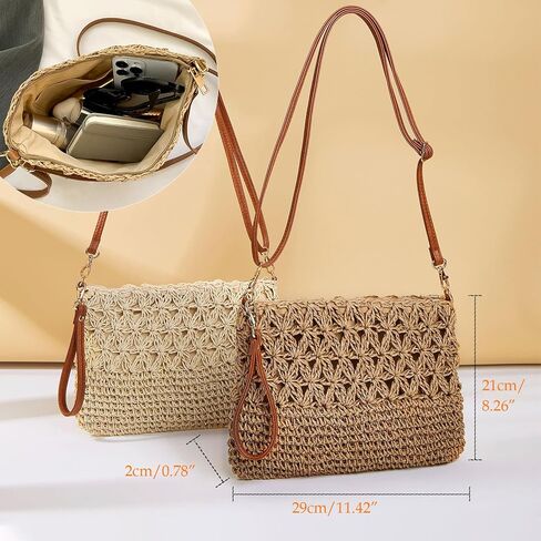 Comeon المرأة القش محفظة الصيف المنسوجة يدويا قابل للتعديل حقائب كروسبودي الرجعية سستة عطلة عطلة حقيبة القش in Kuwait