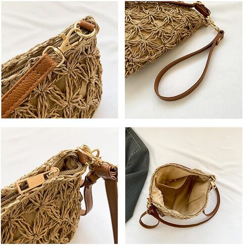 Comeon المرأة القش محفظة الصيف المنسوجة يدويا قابل للتعديل حقائب كروسبودي الرجعية سستة عطلة عطلة حقيبة القش in Kuwait