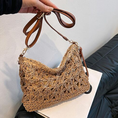 Comeon المرأة القش محفظة الصيف المنسوجة يدويا قابل للتعديل حقائب كروسبودي الرجعية سستة عطلة عطلة حقيبة القش in Kuwait