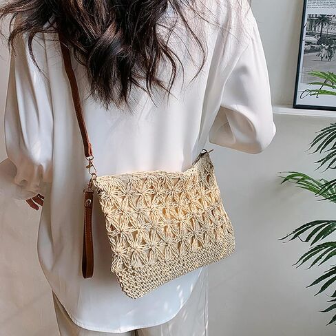 Comeon Women Straw Purse Summer Hand-Woven Adjustable Straw Crossbody Bags Retro Zipper Vacation Holiday Straw Bag in Saudi Arabia