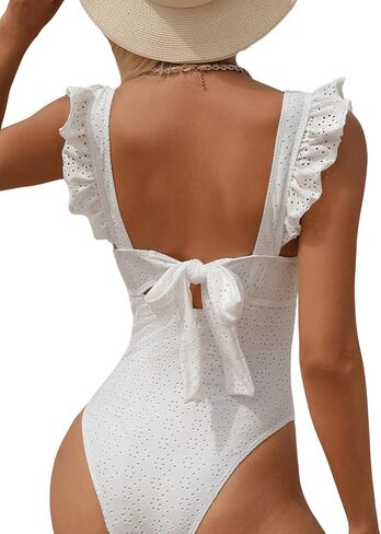 Floerns Women's One Piece Swimsuit Tie Back Ruffle Trim Scoop Neck Bathing Suit in Saudi Arabia