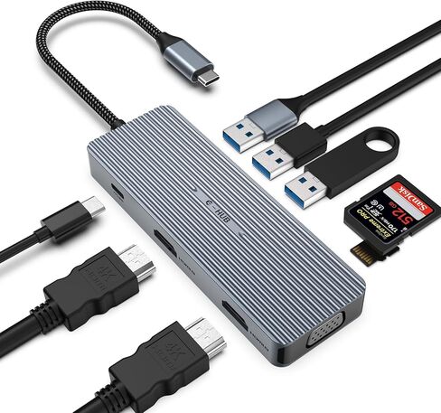 محول عرض ثلاثي USB C Hub 9 في 1 لجهاز Mac Book Pro/Air Dual HDMI/VGA، USB A 3.0/2.0، قاعدة شحن سريعة PD بسرعة 5 جيجابت في الثانية لأجهزة Dell وSurface وHP وLenovo SD/TF in Kuwait