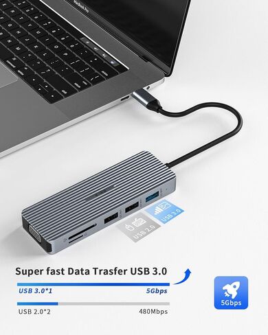 محول عرض ثلاثي USB C Hub 9 في 1 لجهاز Mac Book Pro/Air Dual HDMI/VGA، USB A 3.0/2.0، قاعدة شحن سريعة PD بسرعة 5 جيجابت في الثانية لأجهزة Dell وSurface وHP وLenovo SD/TF in Kuwait