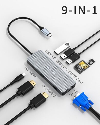 محول عرض ثلاثي USB C Hub 9 في 1 لجهاز Mac Book Pro/Air Dual HDMI/VGA، USB A 3.0/2.0، قاعدة شحن سريعة PD بسرعة 5 جيجابت في الثانية لأجهزة Dell وSurface وHP وLenovo SD/TF in Kuwait