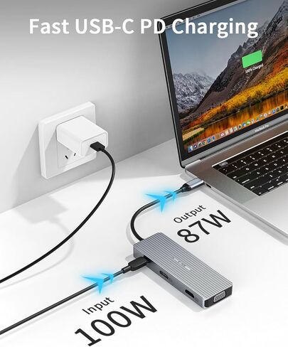 محول عرض ثلاثي USB C Hub 9 في 1 لجهاز Mac Book Pro/Air Dual HDMI/VGA، USB A 3.0/2.0، قاعدة شحن سريعة PD بسرعة 5 جيجابت في الثانية لأجهزة Dell وSurface وHP وLenovo SD/TF in Kuwait