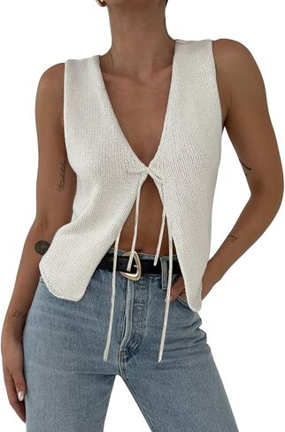 Women Crochet Knit Vest Top Y2k V Neck Sleeveless Vintage Hollow Out Crop Tops Summer Casual Streetwear in Kuwait