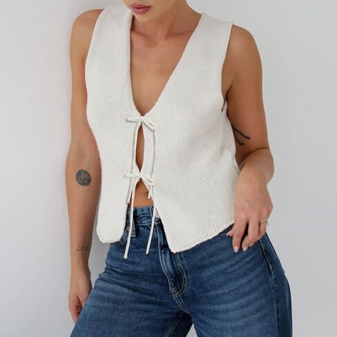 Women Crochet Knit Vest Top Y2k V Neck Sleeveless Vintage Hollow Out Crop Tops Summer Casual Streetwear in Kuwait