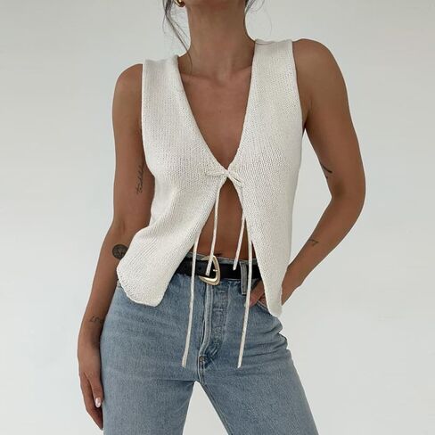 Women Crochet Knit Vest Top Y2k V Neck Sleeveless Vintage Hollow Out Crop Tops Summer Casual Streetwear in Kuwait