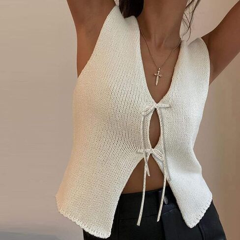 Women Crochet Knit Vest Top Y2k V Neck Sleeveless Vintage Hollow Out Crop Tops Summer Casual Streetwear in Kuwait