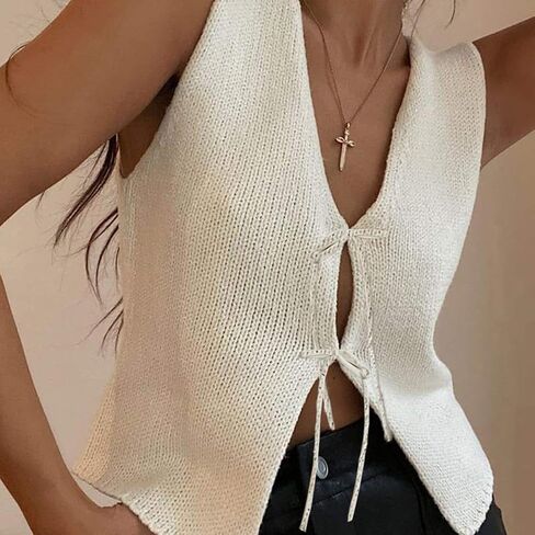 Women Crochet Knit Vest Top Y2k V Neck Sleeveless Vintage Hollow Out Crop Tops Summer Casual Streetwear in Kuwait