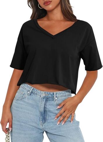 Women's Oversized Crop Tops V Neck Crop Tees Short Sleeve Boxy Tshirts Workout Summer Tops 2024 in Saudi Arabia
