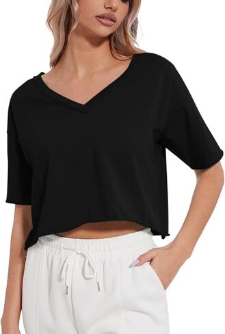Women's Oversized Crop Tops V Neck Crop Tees Short Sleeve Boxy Tshirts Workout Summer Tops 2024 in Saudi Arabia