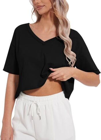 Women's Oversized Crop Tops V Neck Crop Tees Short Sleeve Boxy Tshirts Workout Summer Tops 2024 in Saudi Arabia
