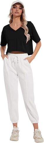 Women's Oversized Crop Tops V Neck Crop Tees Short Sleeve Boxy Tshirts Workout Summer Tops 2024 in Saudi Arabia