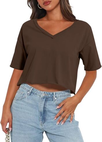 Women's Oversized Crop Tops V Neck Crop Tees Short Sleeve Boxy Tshirts Workout Summer Tops 2024 in Saudi Arabia