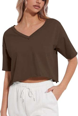 Women's Oversized Crop Tops V Neck Crop Tees Short Sleeve Boxy Tshirts Workout Summer Tops 2024 in Saudi Arabia