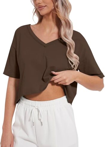 Women's Oversized Crop Tops V Neck Crop Tees Short Sleeve Boxy Tshirts Workout Summer Tops 2024 in Saudi Arabia