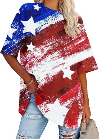 Oversized American Flag Shirt Women 4th of July Tshirt USA Star Stripes Patriotic Short Sleeve Tops in Saudi Arabia