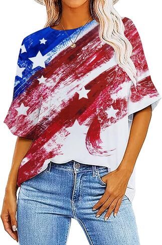 Oversized American Flag Shirt Women 4th of July Tshirt USA Star Stripes Patriotic Short Sleeve Tops in Saudi Arabia