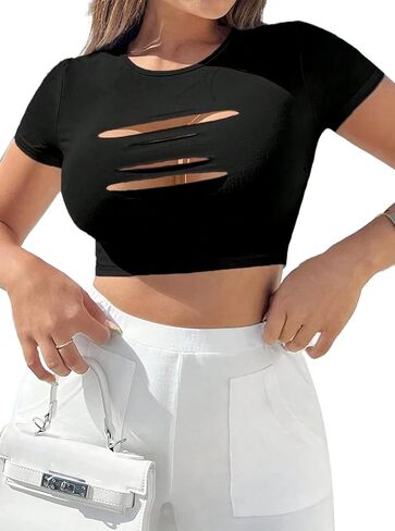Hilinker Women's Cut Out Short Sleeve Crop Top Sexy Crewneck Going Out T Shirt in Saudi Arabia