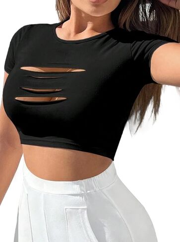 Hilinker Women's Cut Out Short Sleeve Crop Top Sexy Crewneck Going Out T Shirt in Saudi Arabia
