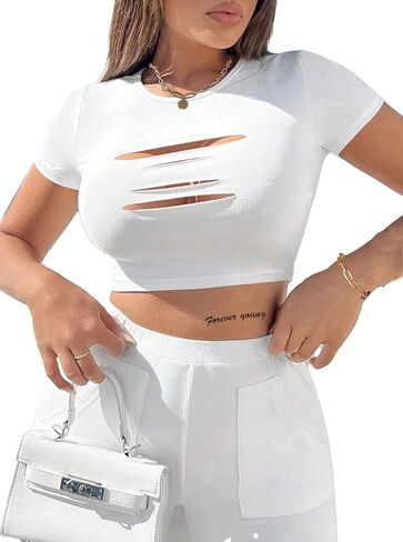 Hilinker Women's Cut Out Short Sleeve Crop Top Sexy Crewneck Going Out T Shirt in Saudi Arabia