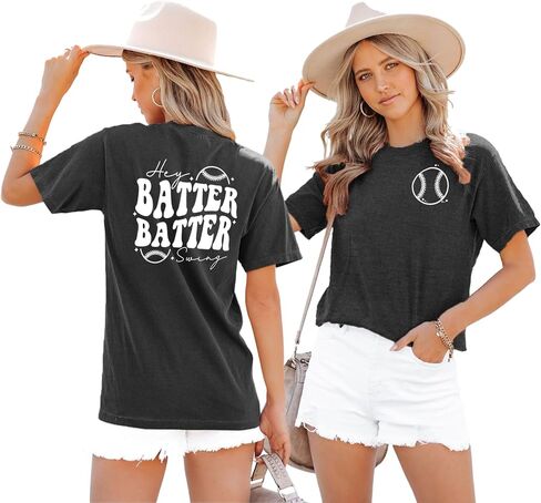 LAZYCHILD Baseball Shirt Women Hey Batter Batter Swing T-Shirt Baseball Mom Graphic Tee Ballpark Gifts Tops in Saudi Arabia
