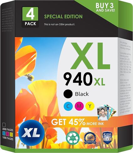 5-Star Compatible Replacement for 940xl. Works with OfficeJet Pro 8500 8500A A909a 8000 A809a A910a Printers. 4 Pack (Black, Cyan, Magenta, Yellow) in Saudi Arabia