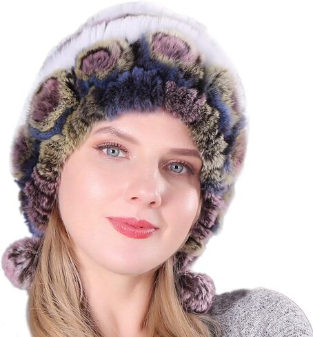 Women Beanie Hats Winter Fluffy Knit Beanie Hats Winter Warm Ear Cover Faux Fur Knit Crochet Skull Cap with Pompom in Kuwait