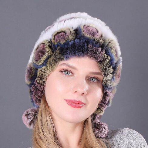 Women Beanie Hats Winter Fluffy Knit Beanie Hats Winter Warm Ear Cover Faux Fur Knit Crochet Skull Cap with Pompom in Kuwait