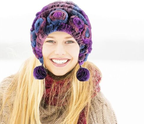 Women Beanie Hats Winter Fluffy Knit Beanie Hats Winter Warm Ear Cover Faux Fur Knit Crochet Skull Cap with Pompom in Kuwait