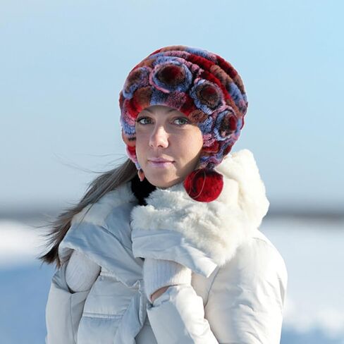 Women Beanie Hats Winter Fluffy Knit Beanie Hats Winter Warm Ear Cover Faux Fur Knit Crochet Skull Cap with Pompom in Kuwait
