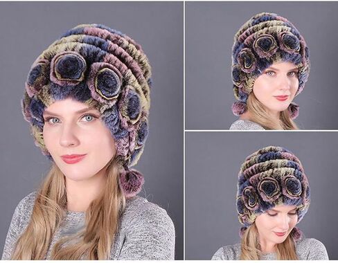 Women Beanie Hats Winter Fluffy Knit Beanie Hats Winter Warm Ear Cover Faux Fur Knit Crochet Skull Cap with Pompom in Kuwait