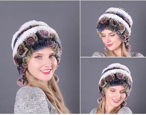 Women Beanie Hats Winter Fluffy Knit Beanie Hats Winter Warm Ear Cover Faux Fur Knit Crochet Skull Cap with Pompom in Kuwait