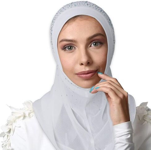 قبعة حجاب إسلامية نسائية من Wooee مصنوعة من حجر الراين بلون سادة، قبعة حجاب إسلامية مربوطة مسبقًا، خفيفة الوزن، قطعة واحدة، وشاح رأس قابل للتنفس in Kuwait