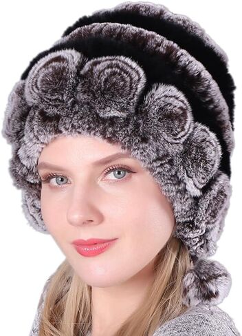 Women Beanie Hats Winter Fluffy Knit Beanie Hats Winter Warm Ear Cover Faux Fur Knit Crochet Skull Cap with Pompom in Kuwait