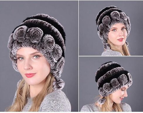 Women Beanie Hats Winter Fluffy Knit Beanie Hats Winter Warm Ear Cover Faux Fur Knit Crochet Skull Cap with Pompom in Kuwait