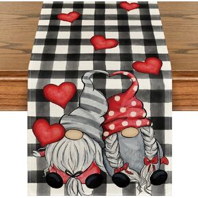 Artoid Mode Watercolor Buffalo Plaid Hearts Gnomes Love Valentine's Day Table Runner, Seasonal Anniversary Wedding Holiday Kitchen Dining Table Decoration for Indoor Outdoor Home Decor 13 x 108 Inch